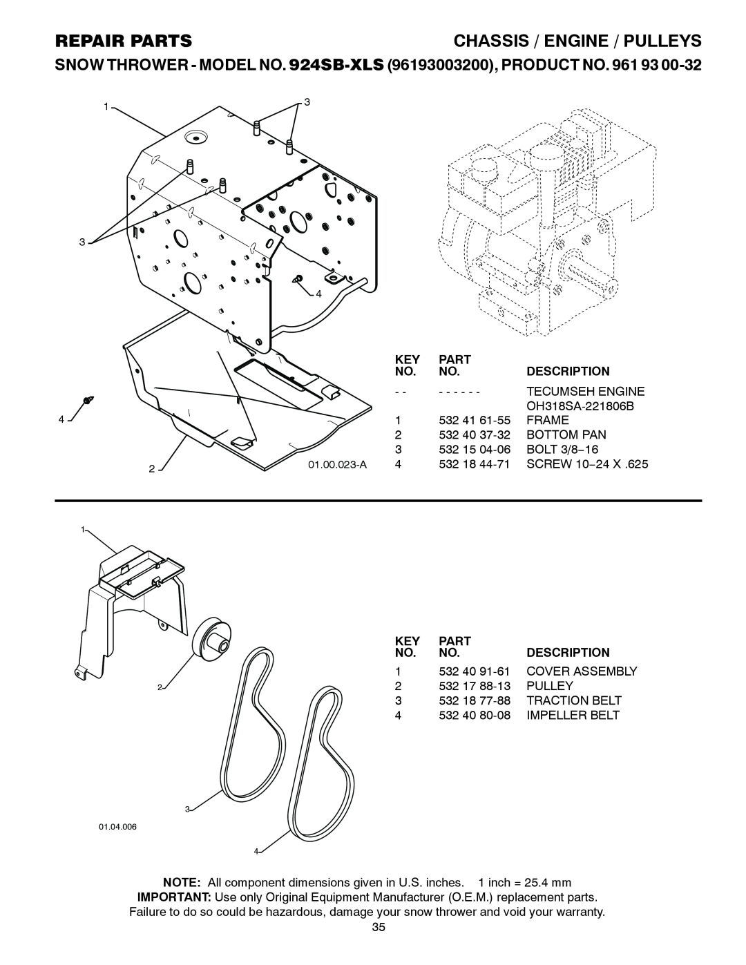 Husqvarna 924SB-XLS owner manual Repair Partschassis / Engine / Pulleys, Description 