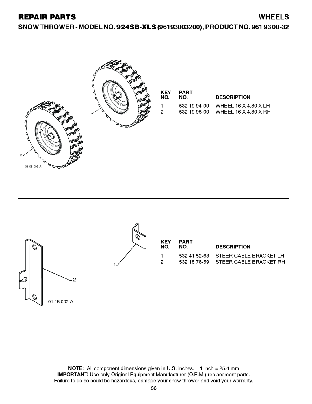 Husqvarna 924SB-XLS owner manual Wheels, Repair Parts, Description 