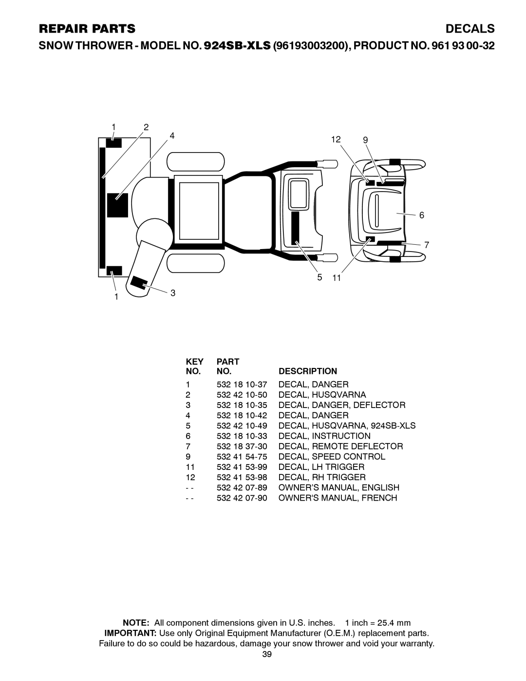 Husqvarna 924SB-XLS owner manual Decals,     , Repair Parts, Description 