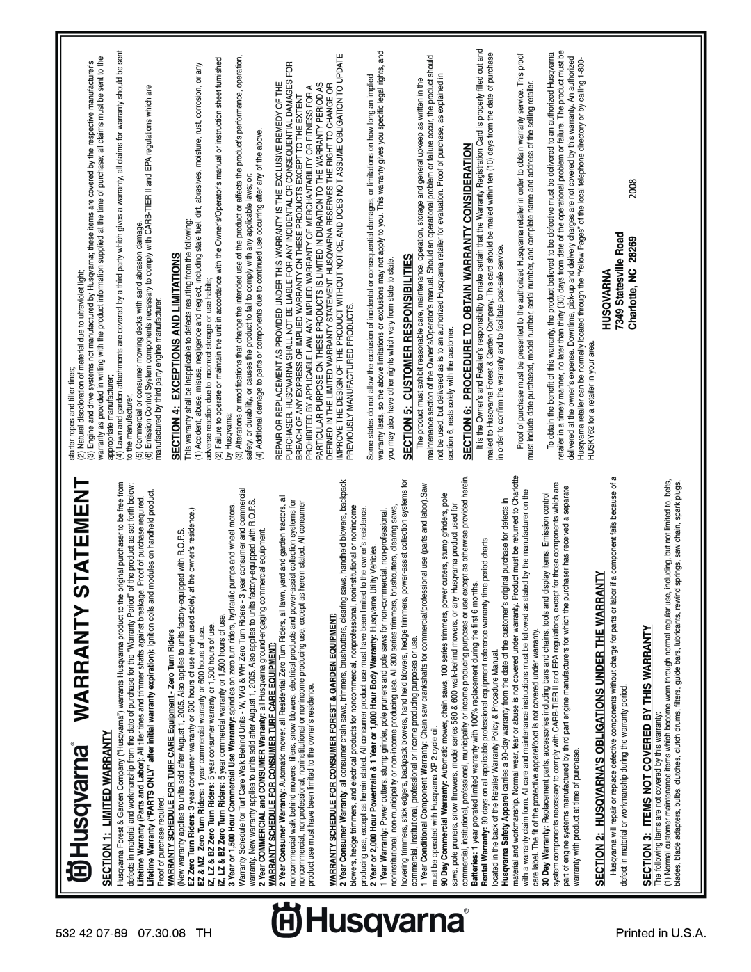 Husqvarna 924SB-XLS owner manual Warranty Statement, 2008, Charlotte, NC 