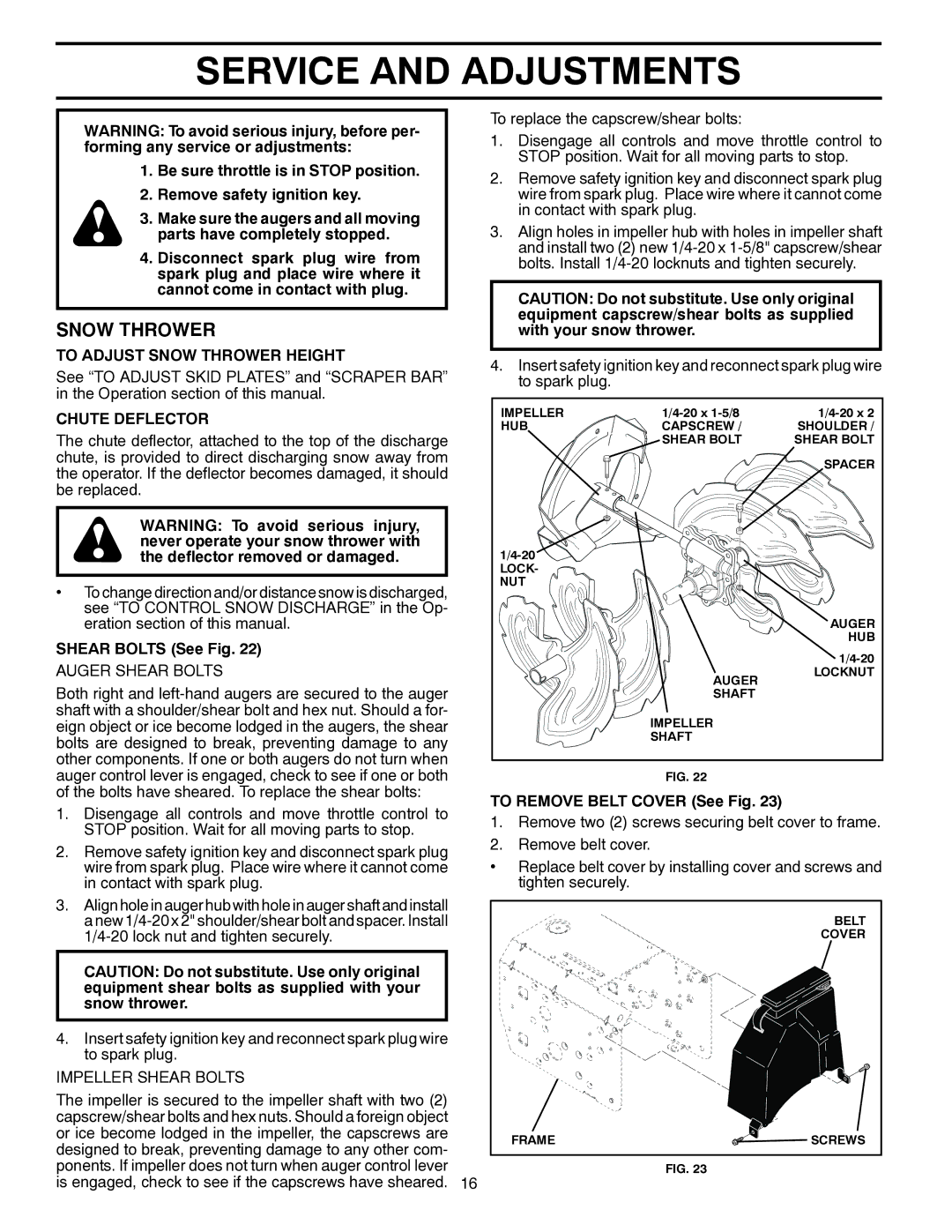 Husqvarna 924SB-XLS Service and Adjustments, To Adjust Snow Thrower Height, Chute Deflector, Shear Bolts See Fig 