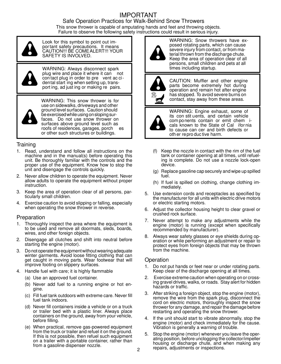 Husqvarna 924SB-XLS owner manual Safe Operation Practices for Walk-Behind Snow Throwers 