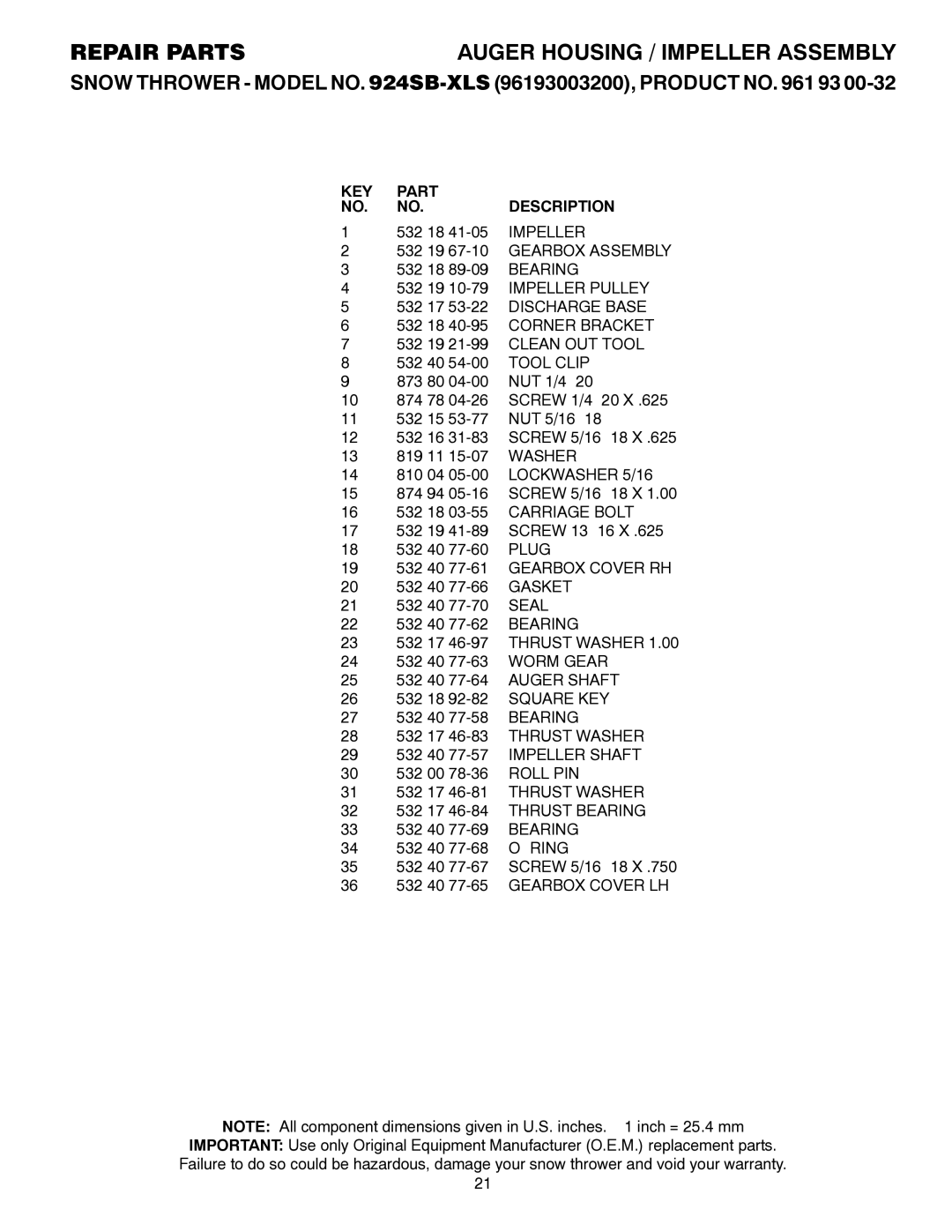 Husqvarna 924SB-XLS owner manual KEY Part Description 