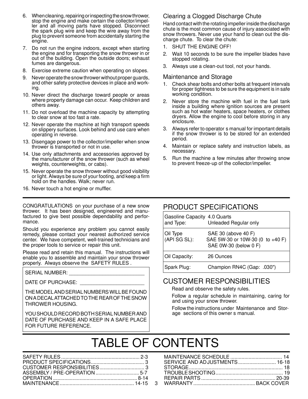 Husqvarna 924SB-XLS owner manual Table of Contents 