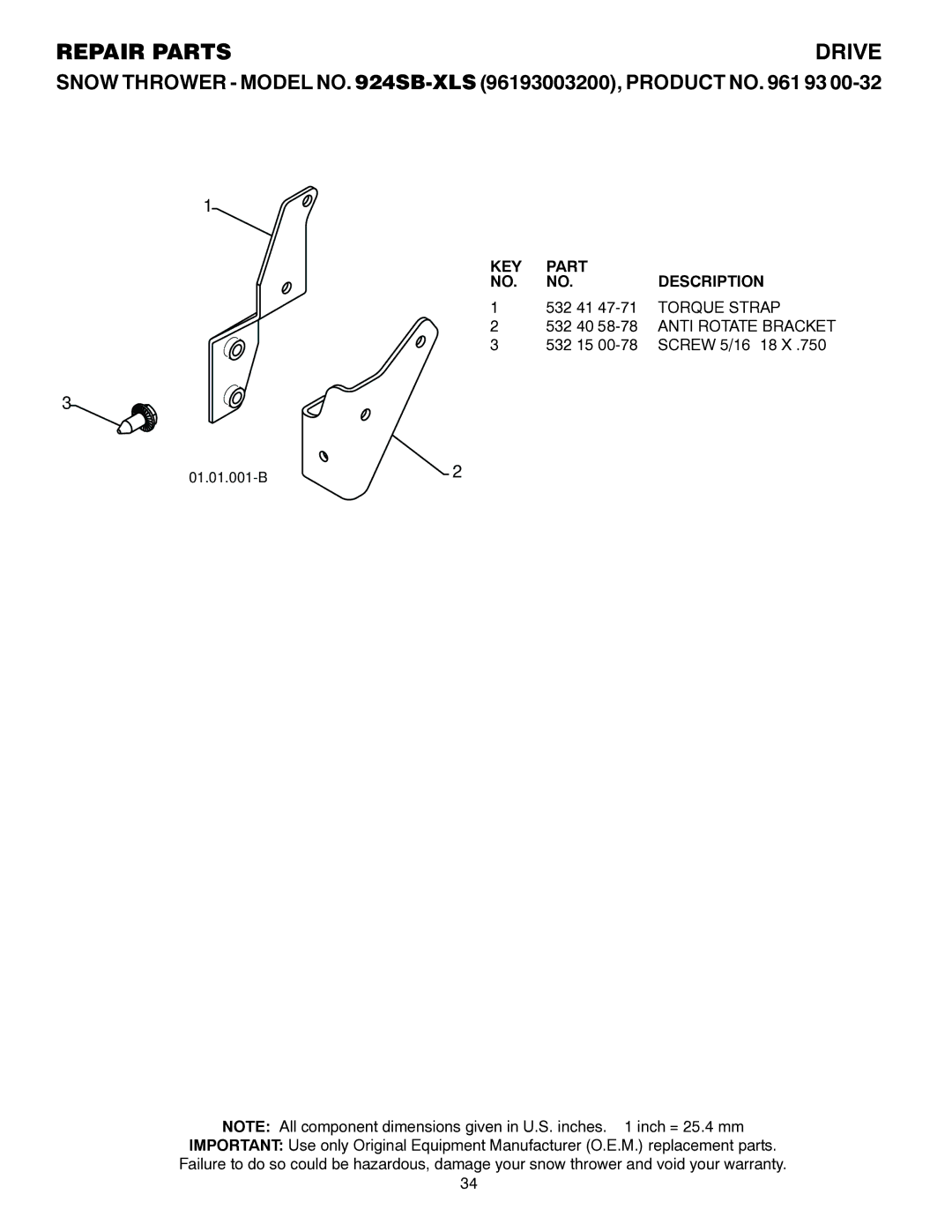 Husqvarna 924SB-XLS owner manual Anti Rotate Bracket 