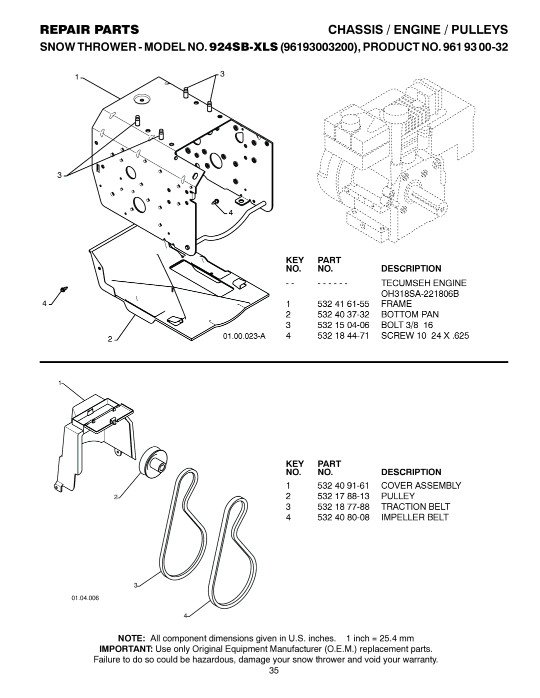 Husqvarna 924SB-XLS owner manual Tecumseh Engine, Frame, Bottom PAN, Impeller Belt 