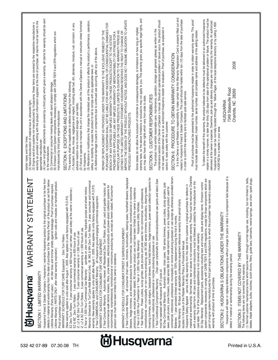 Husqvarna 924SB-XLS owner manual Warranty Statement 