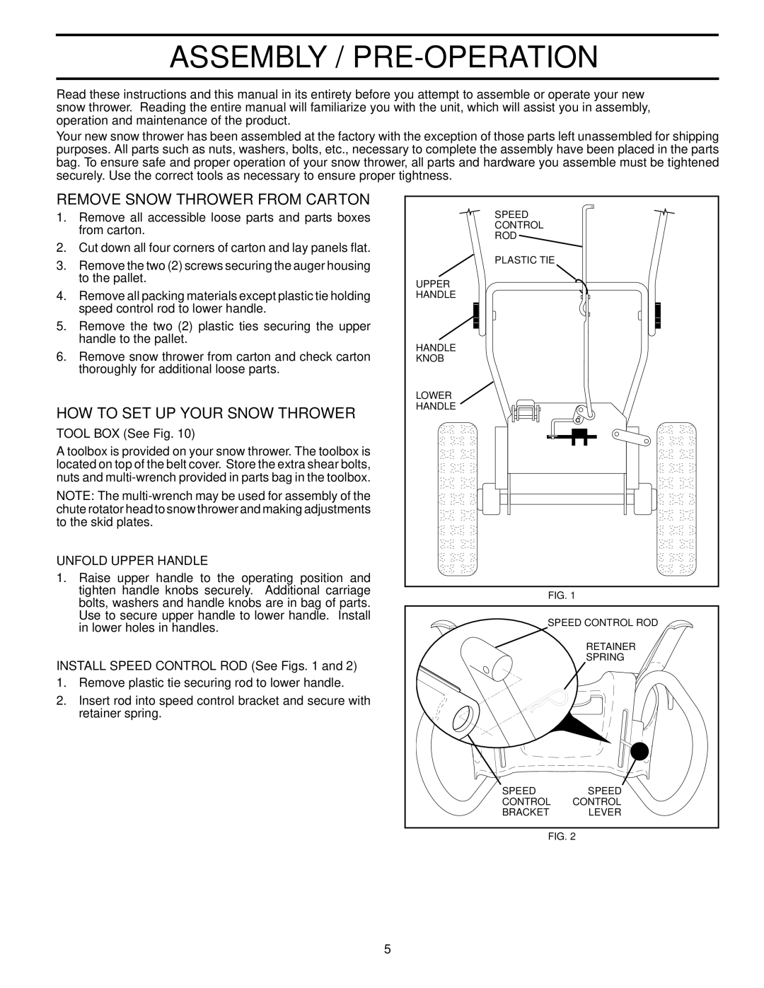 Husqvarna 924SB-XLS owner manual Assembly / PRE-OPERATION, Remove Snow Thrower from Carton, HOW to SET UP Your Snow Thrower 