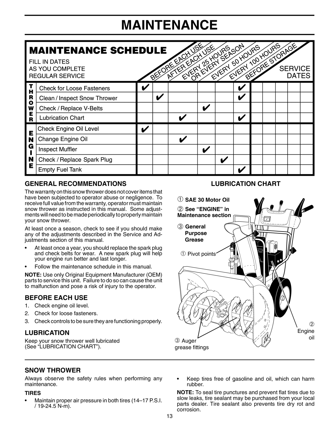 Husqvarna 924SBE Maintenance, General Recommendations, Before Each Use, Snow Thrower, Lubrication Chart, Tires 