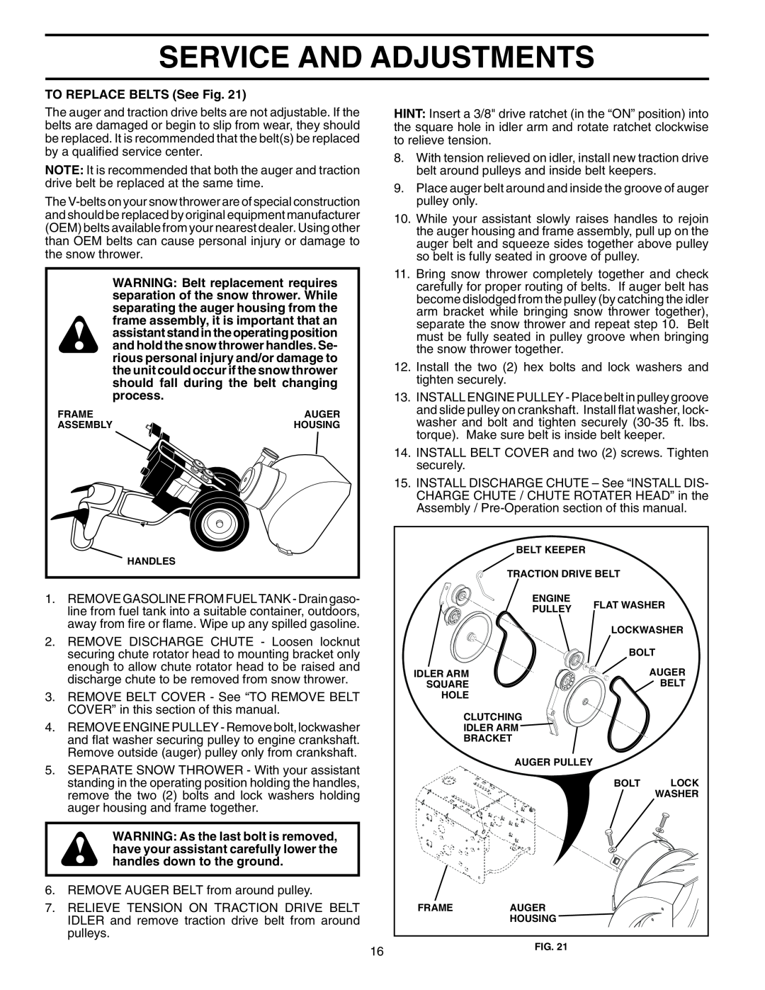 Husqvarna 924SBE owner manual Service And Adjustments, TO REPLACE BELTS See Fig 