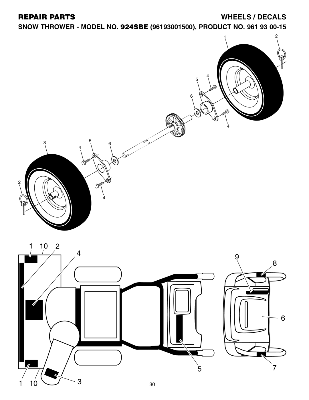 Husqvarna 924SBE owner manual Wheels / Decals, Repair Parts, 12 4 