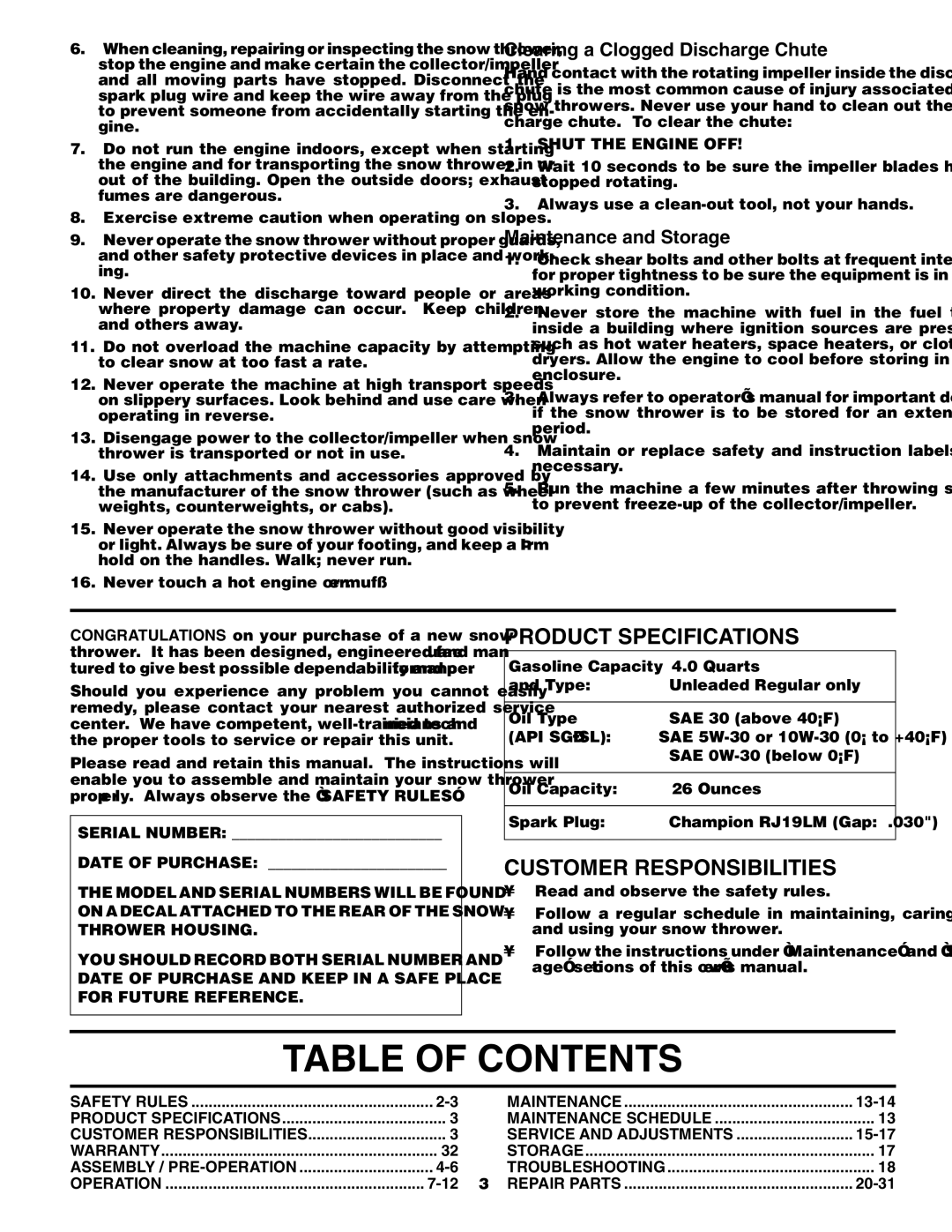 Husqvarna 924SBE owner manual Table of Contents 