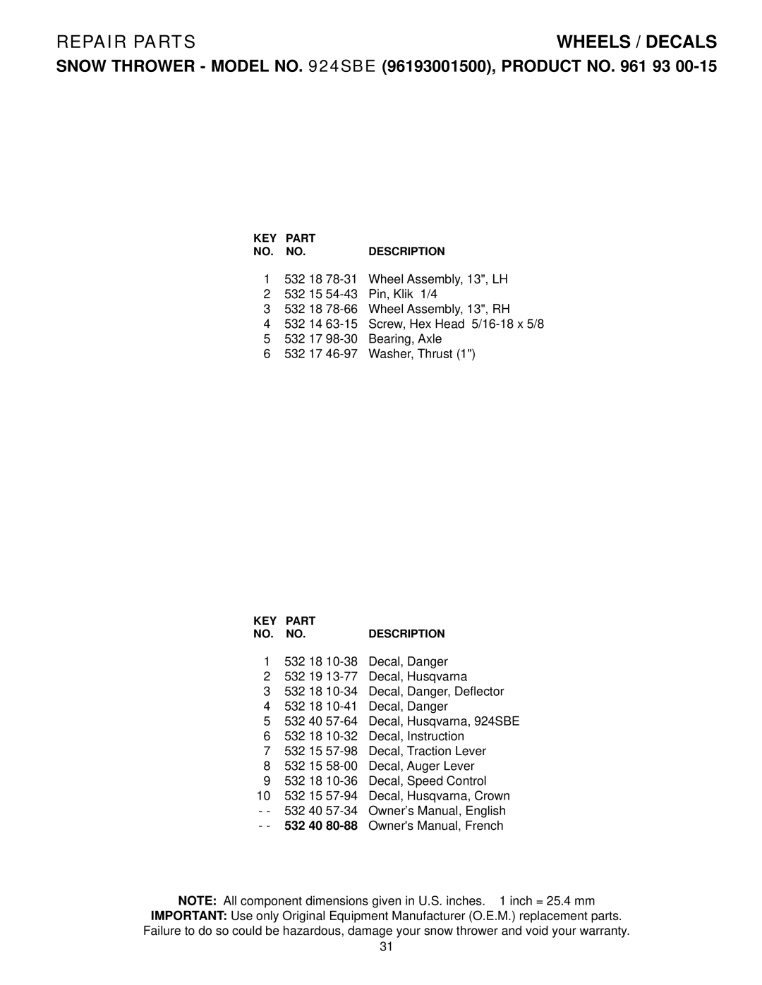 Husqvarna 924SBE owner manual 532 40 