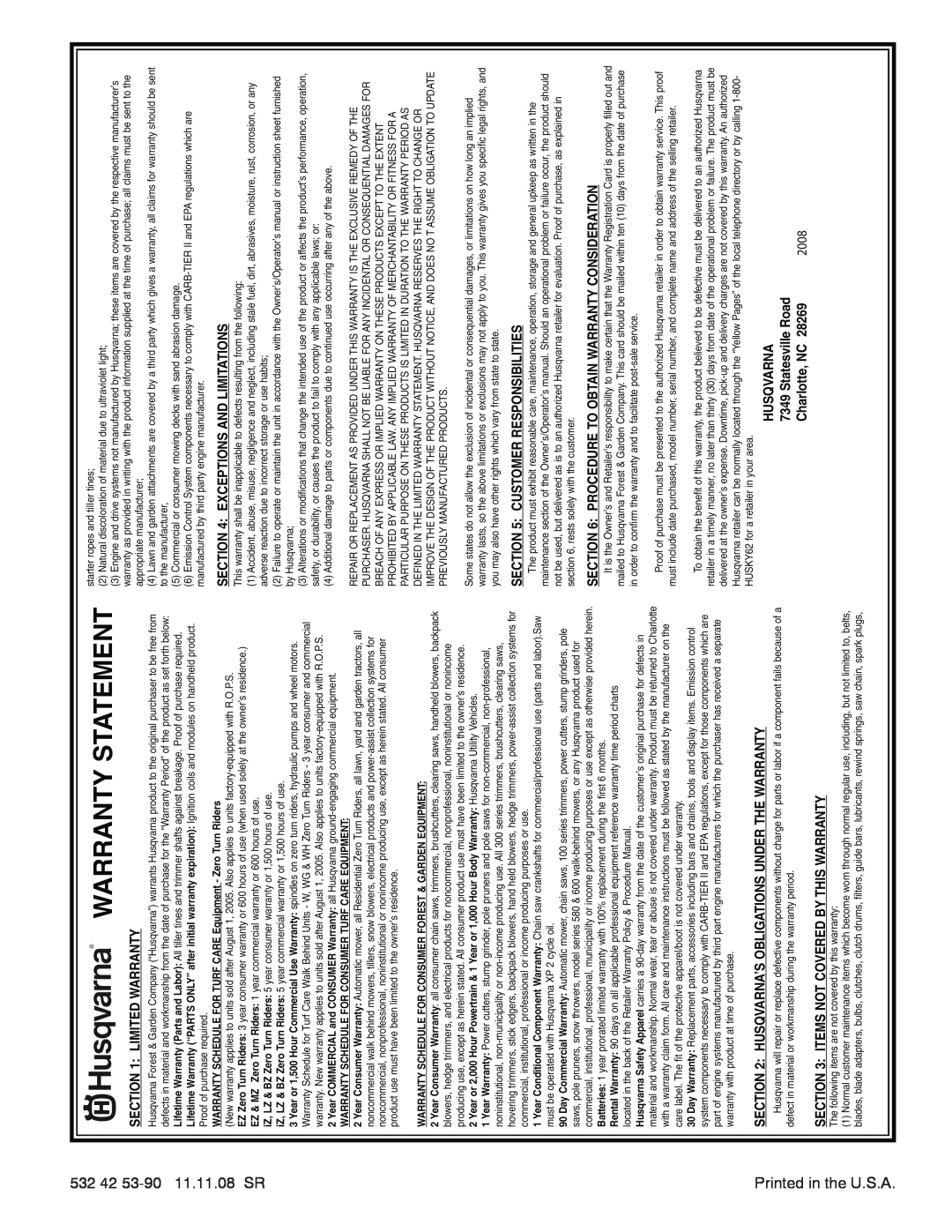 Husqvarna 927SB Warranty Statement, Limited Warranty, Items Not Covered By This Warranty, Exceptions And Limitations, 2008 