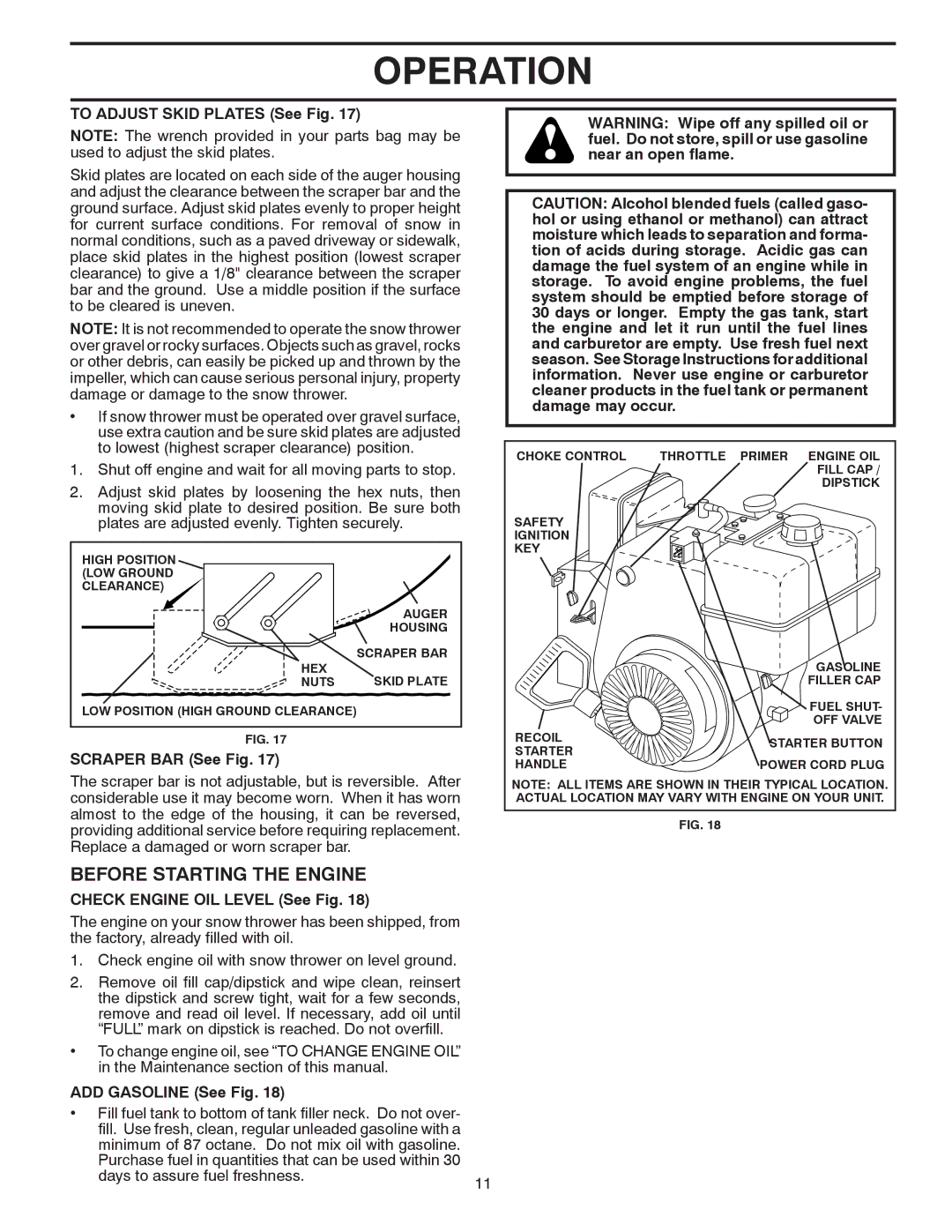 Husqvarna 96193004400 Before Starting the Engine, To Adjust Skid Plates See Fig, Scraper BAR See Fig, ADD Gasoline See Fig 