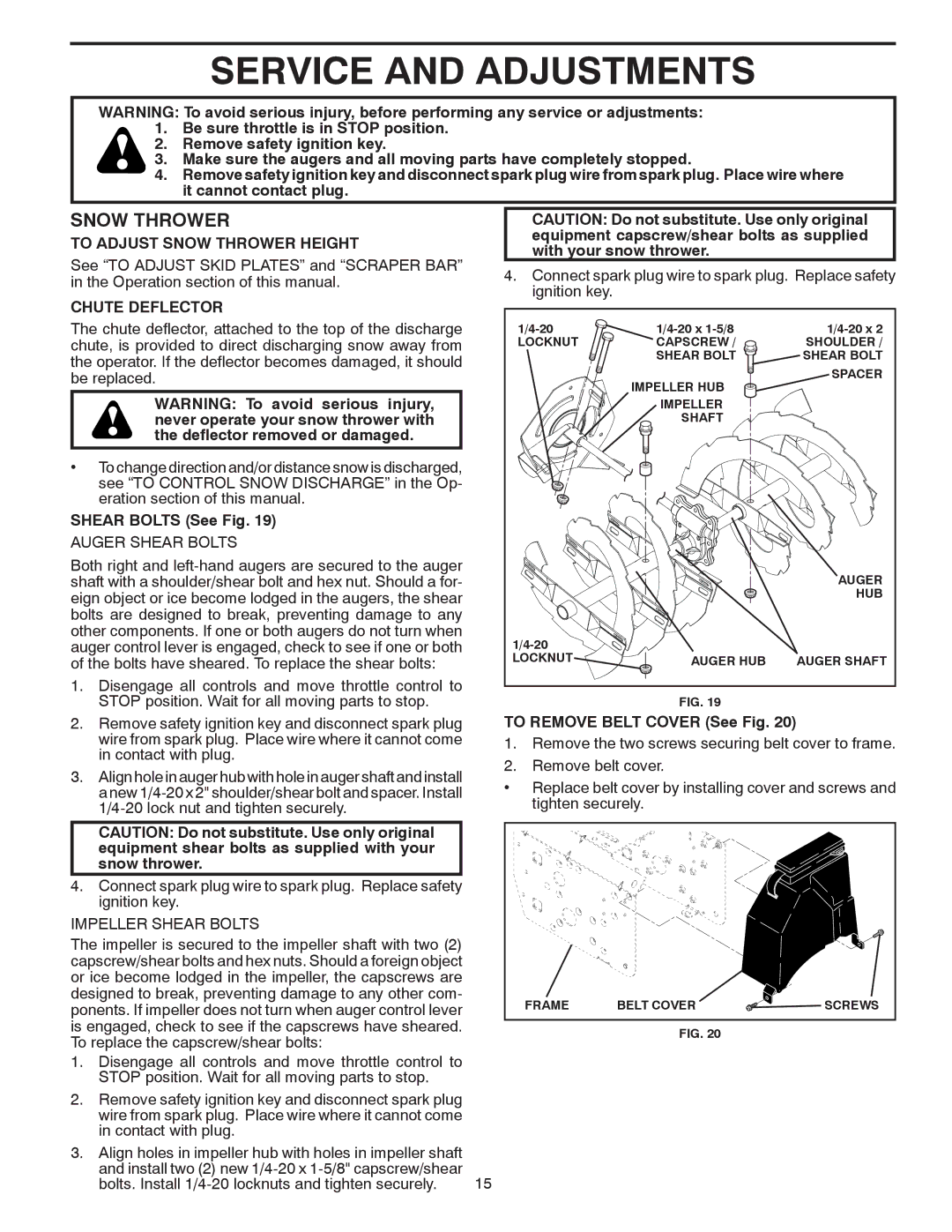 Husqvarna 96193004400, 927SB Service and Adjustments, To Adjust Snow Thrower Height, Chute Deflector, Shear Bolts See Fig 