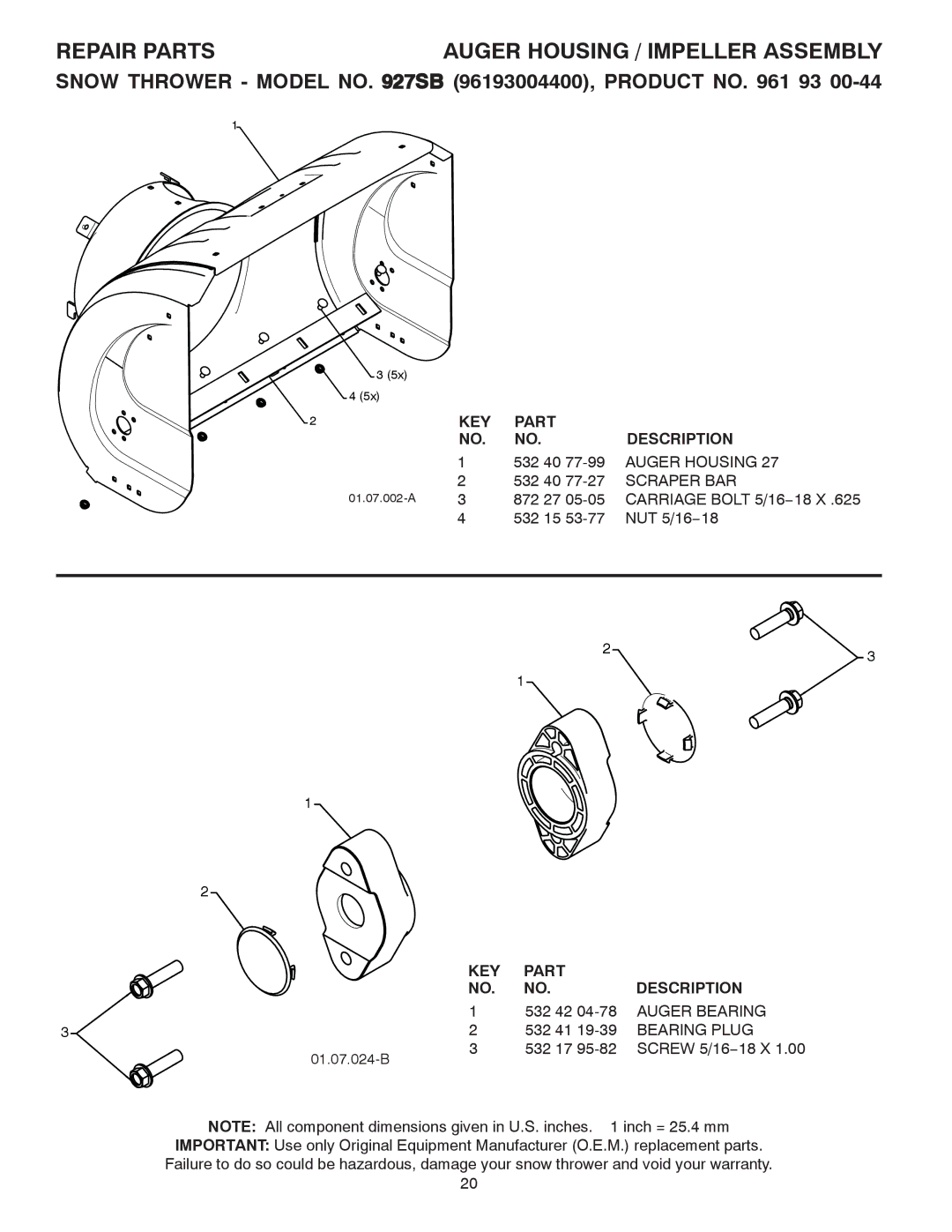 Husqvarna 927SB Auger Housing / Impeller Assembly, KEY Part Description, Scraper BAR, Auger Bearing, Bearing Plug 