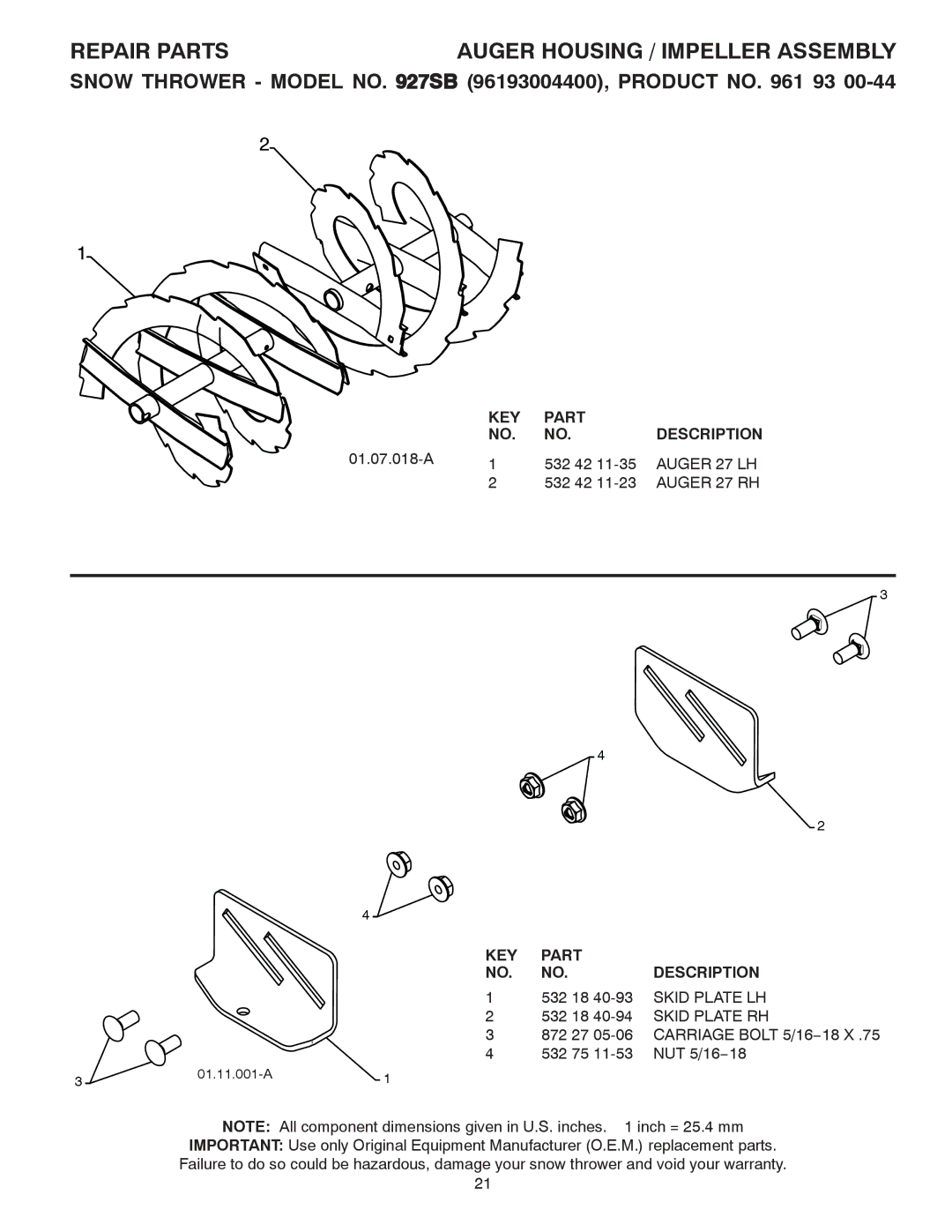 Husqvarna 96193004400, 927SB owner manual Auger 27 LH, Auger 27 RH 