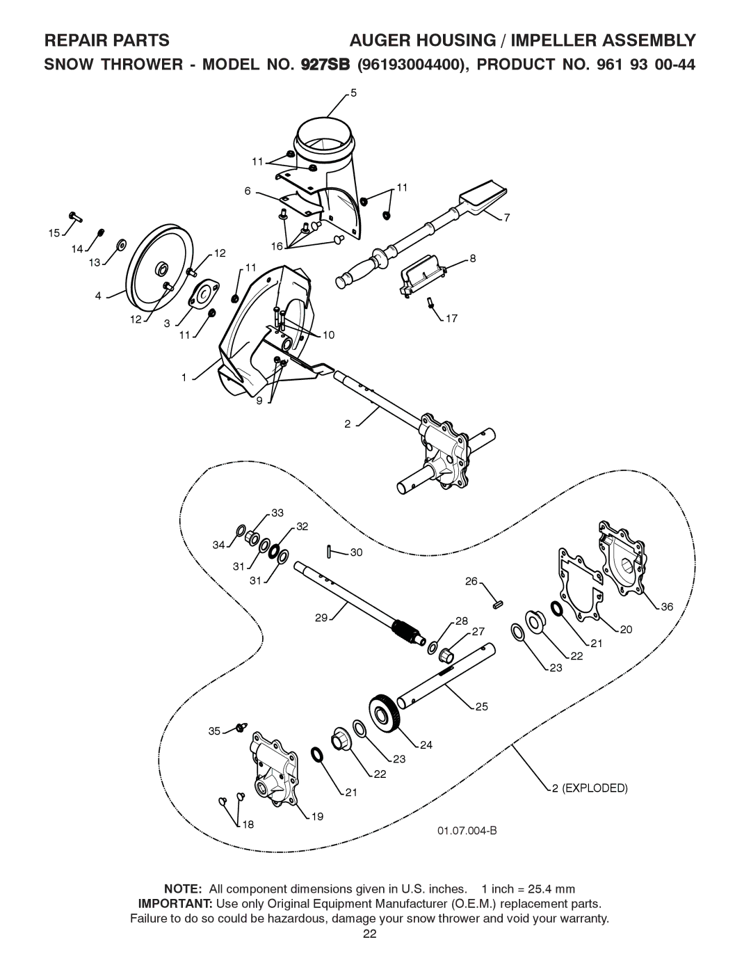 Husqvarna 927SB, 96193004400 owner manual Exploded 