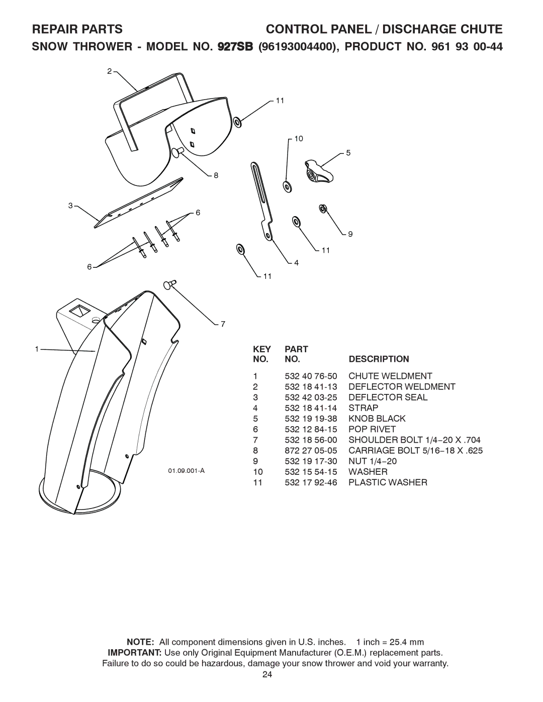 Husqvarna 927SB, 96193004400 owner manual Repair Parts, 532 18 41-13 Deflector Weldment, Strap, Knob Black, POP Rivet 