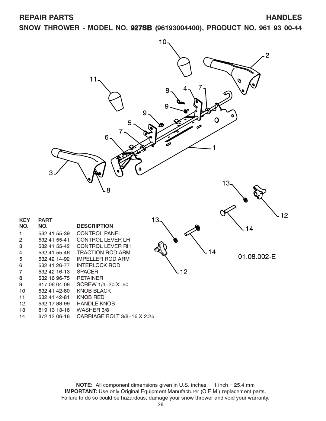 Husqvarna 927SB, 96193004400 owner manual Spacer, Retainer, Knob RED, Handle Knob, Washer 3/8 