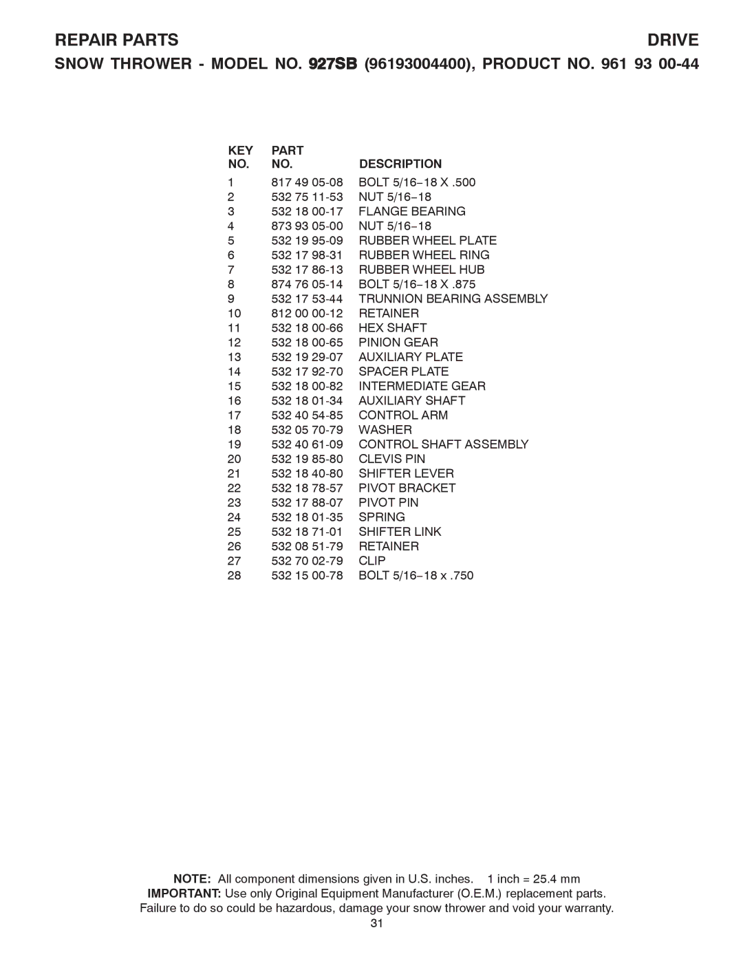 Husqvarna 96193004400 532 17 53-44 Trunnion Bearing Assembly, HEX Shaft, Pinion Gear, Control Shaft Assembly, Clevis PIN 