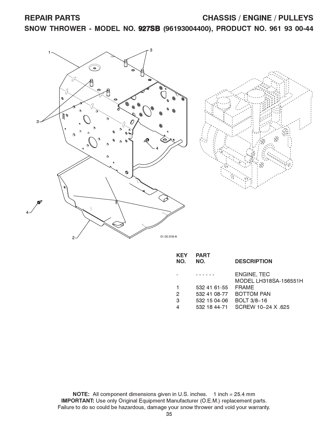 Husqvarna 96193004400, 927SB owner manual Engine, Tec, Frame, Bottom PAN 