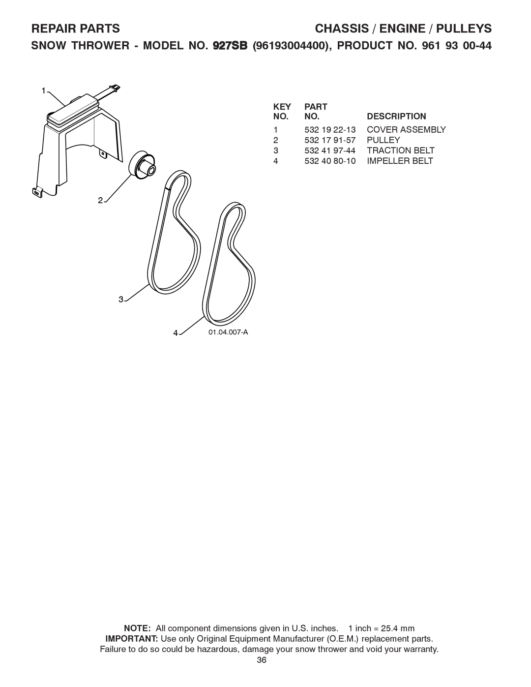 Husqvarna 927SB, 96193004400 owner manual Chassis / Engine / Pulleys, Impeller Belt 