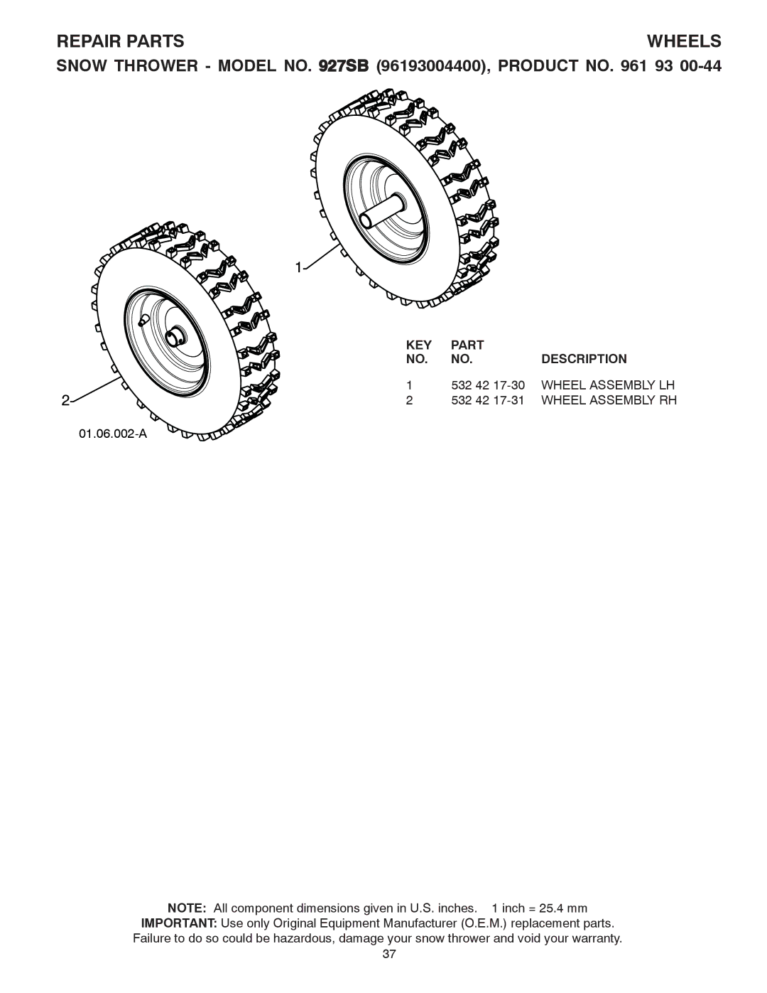 Husqvarna 96193004400, 927SB owner manual Wheels, Wheel Assembly LH 