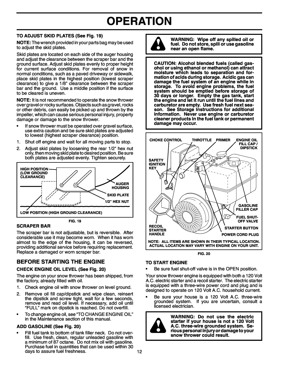 Husqvarna 927SBEXP Before Starting The Engine, Operation, TO ADJUST SKID PLATES See Fig, Scraper Bar, ADD GASOLINE See Fig 