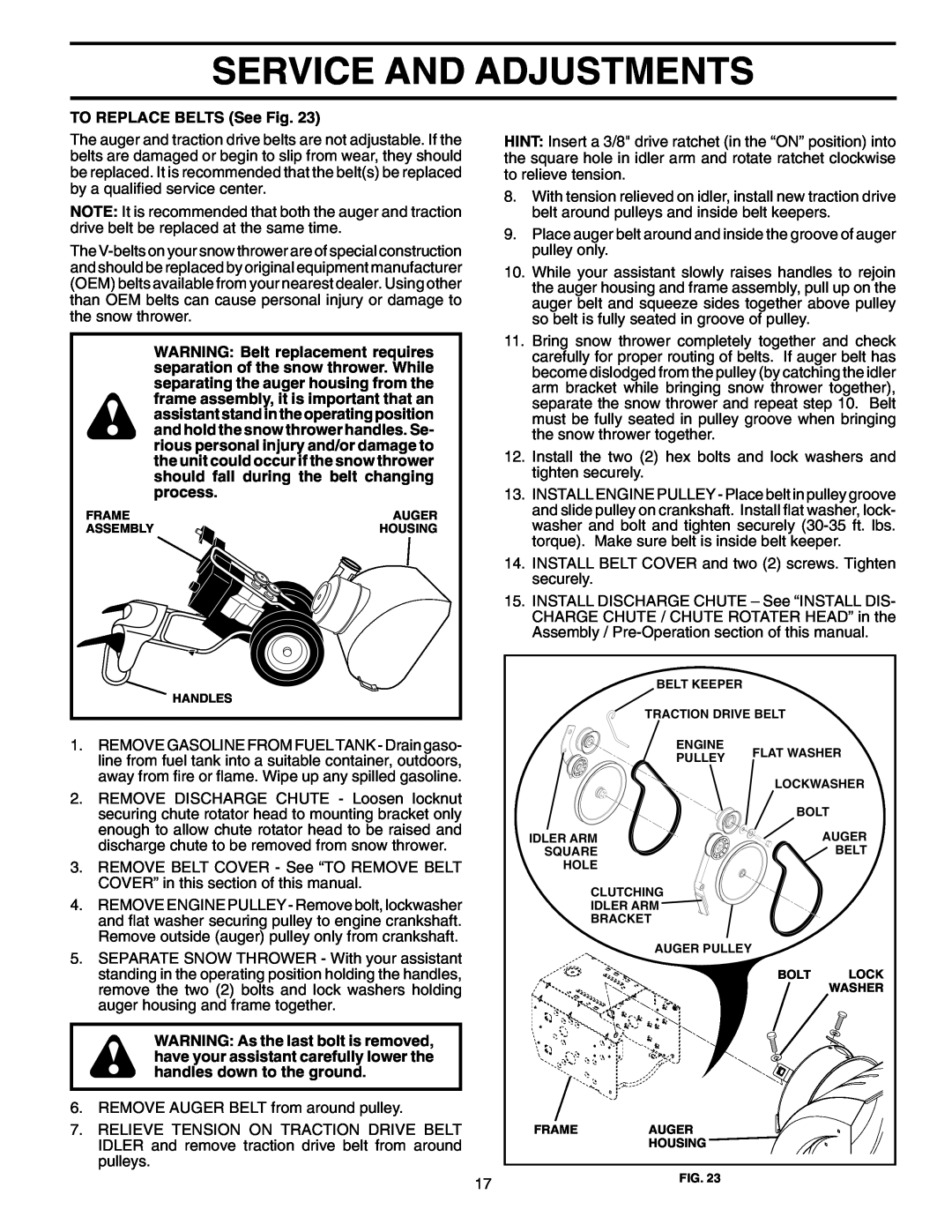 Husqvarna 927SBEXP owner manual Service And Adjustments, TO REPLACE BELTS See Fig 
