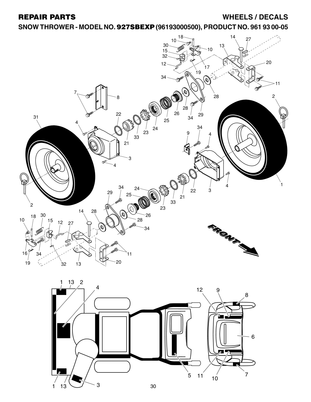 Husqvarna Wheels / Decals, Repair Parts, SNOW THROWER - MODEL NO. 927SBEXP 96193000500, PRODUCT NO. 961 93, 1 13 