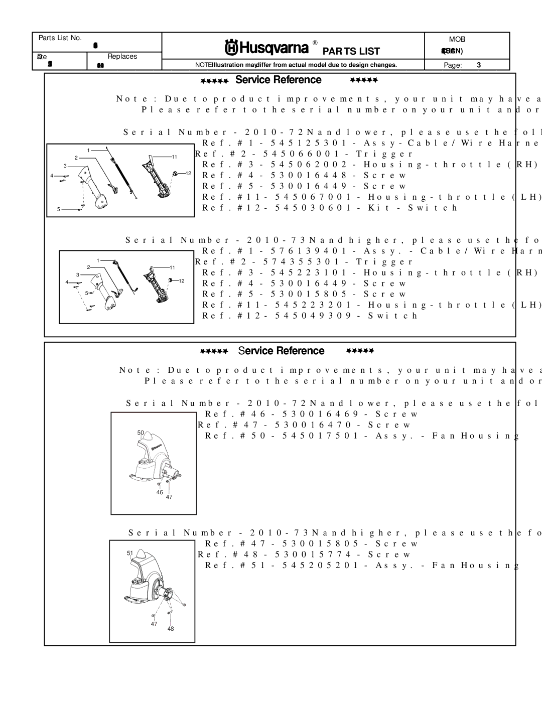 Husqvarna 952711947 manual Service Reference 