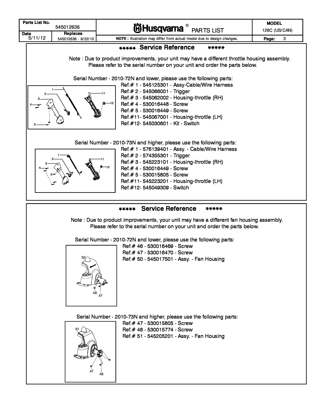 Husqvarna 952711947 manual Service Reference, Par Ts List 
