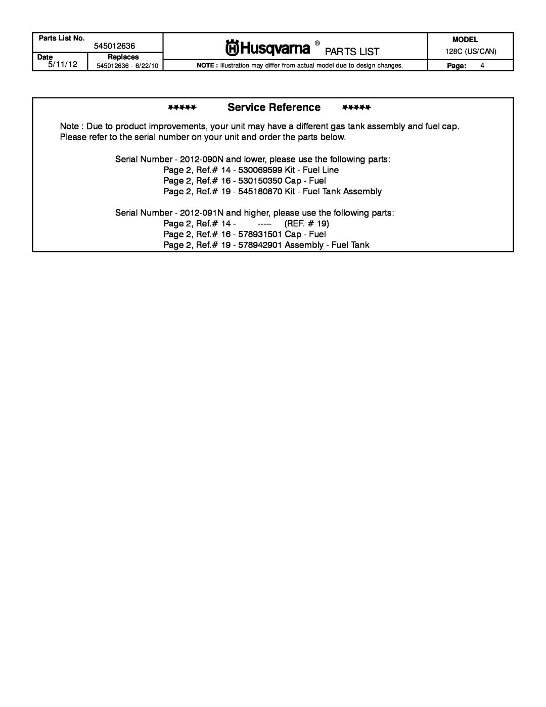 Husqvarna 952711947 manual Service Reference, Par Ts List, Page 2, Ref.# 14 - 530069599 Kit - Fuel Line 