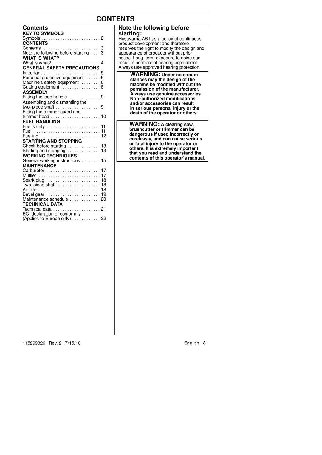 Husqvarna 952711948 manual Contents 