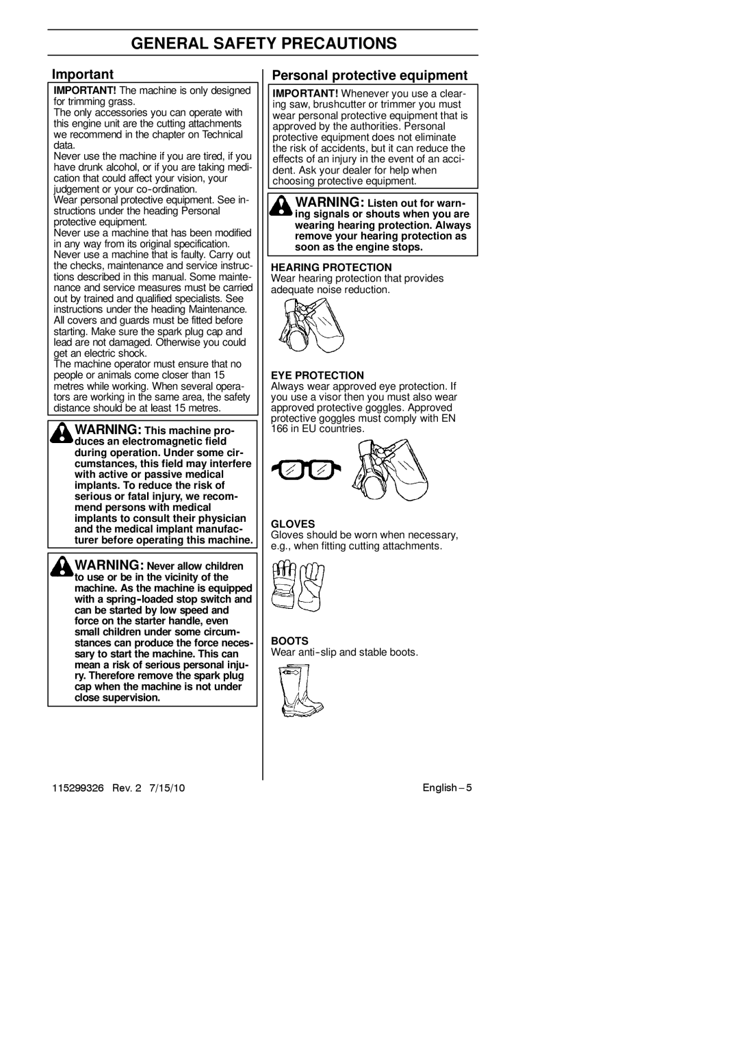 Husqvarna 952711948 manual General Safety Precautions, Personal protective equipment 