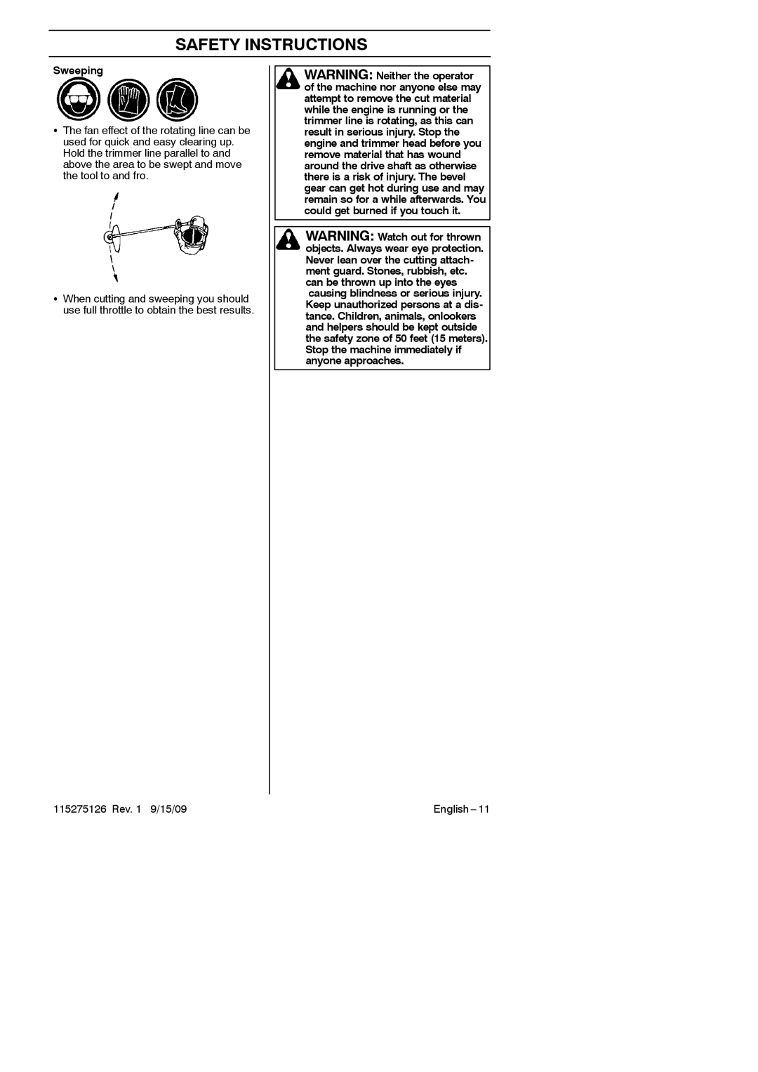 Husqvarna 952711968 manual Sweeping 