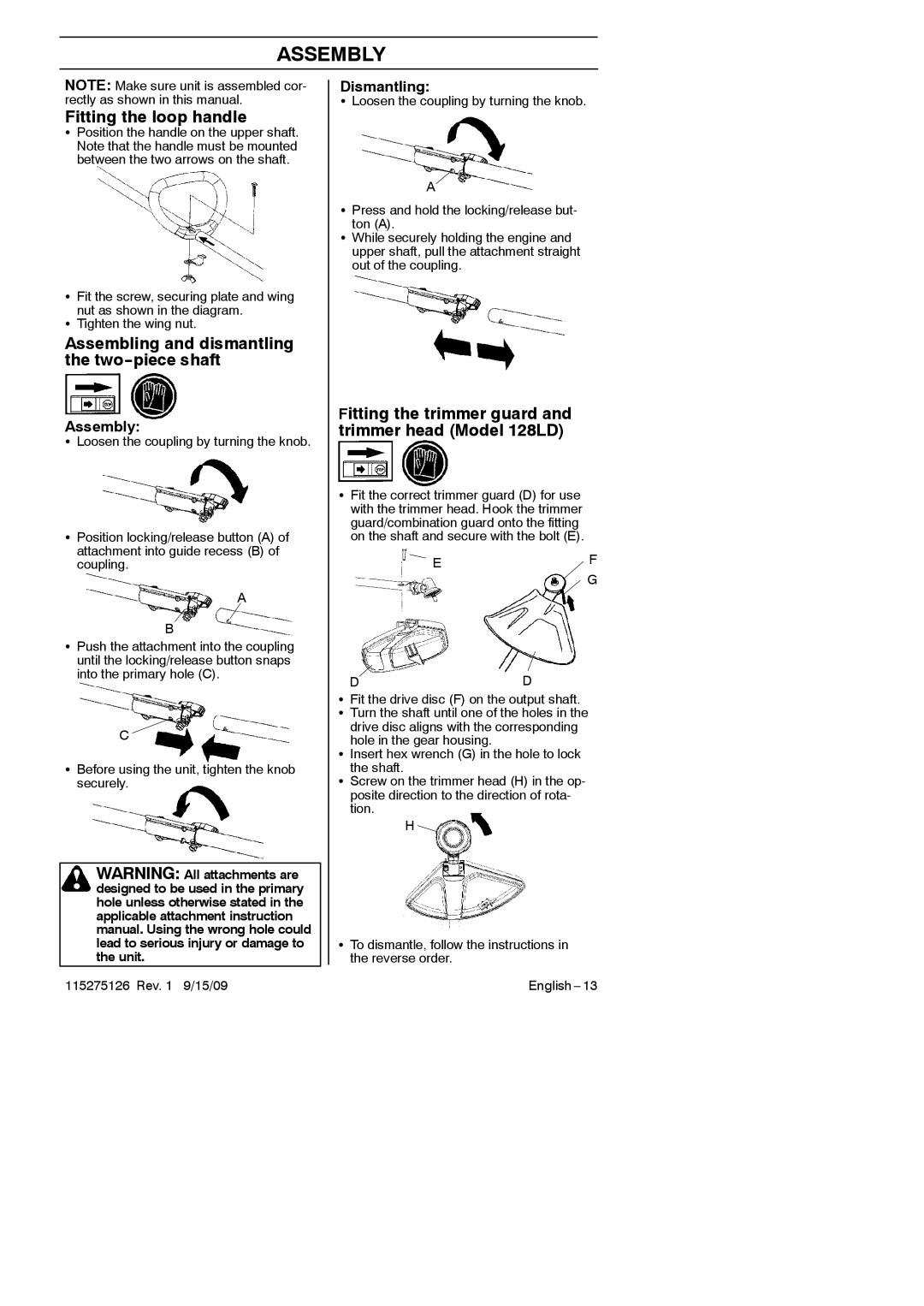 Husqvarna 952711968 manual Assembly, Fitting the loop handle, Assembling and dismantling the two--piece shaft 