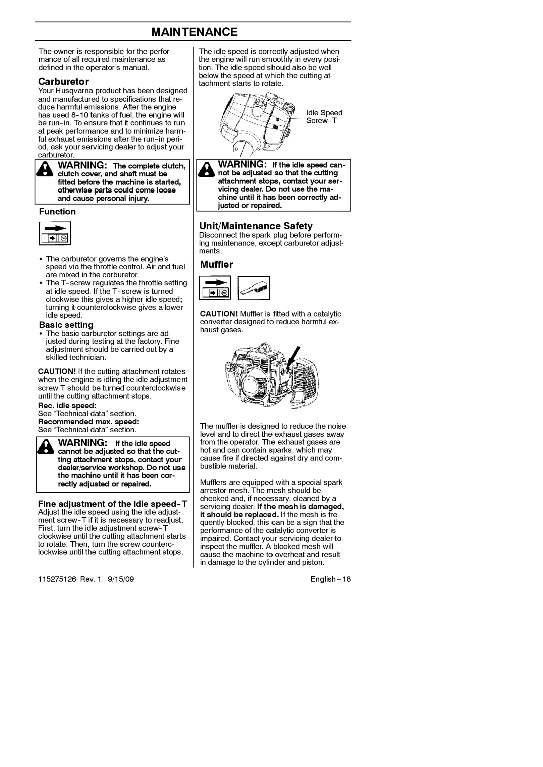 Husqvarna 952711968 manual Carburetor, Unit/Maintenance Safety, Muffler 