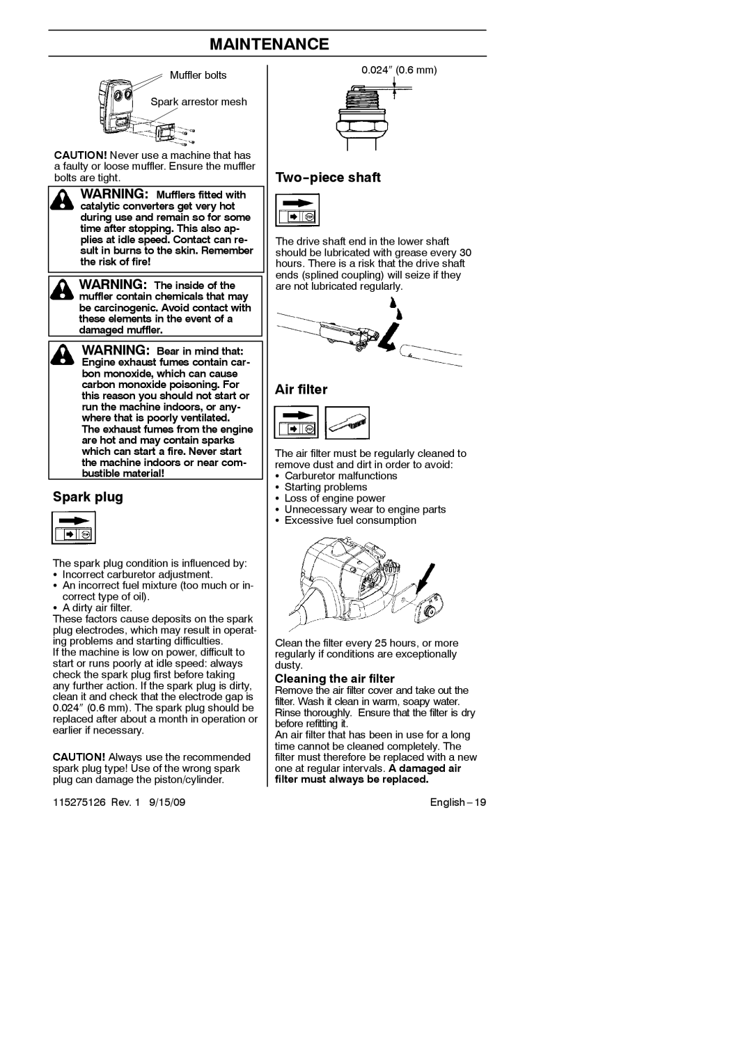 Husqvarna 952711968 manual Spark plug, Two--piece shaft, Air filter, Cleaning the air filter 