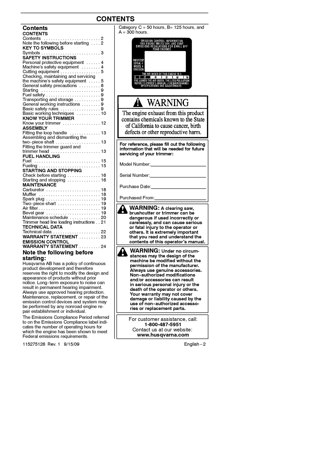 Husqvarna 952711968 manual Contents 