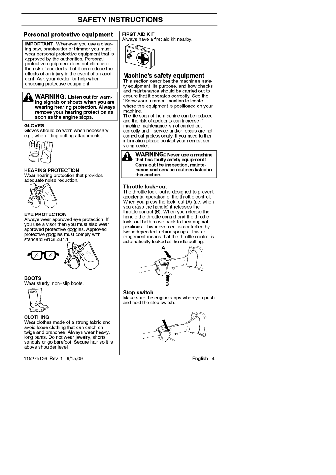 Husqvarna 952711968 Safety Instructions, Personal protective equipment, Machine’s safety equipment, Throttle lock-out 