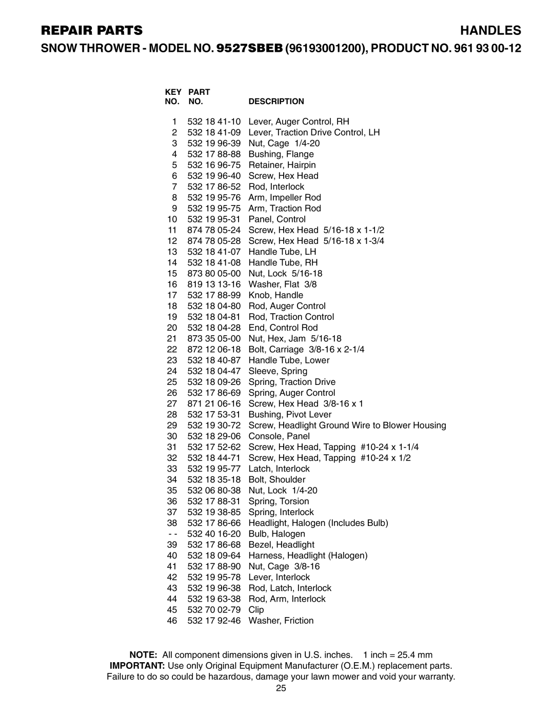 Husqvarna 9527SBEB owner manual Repair Parts 