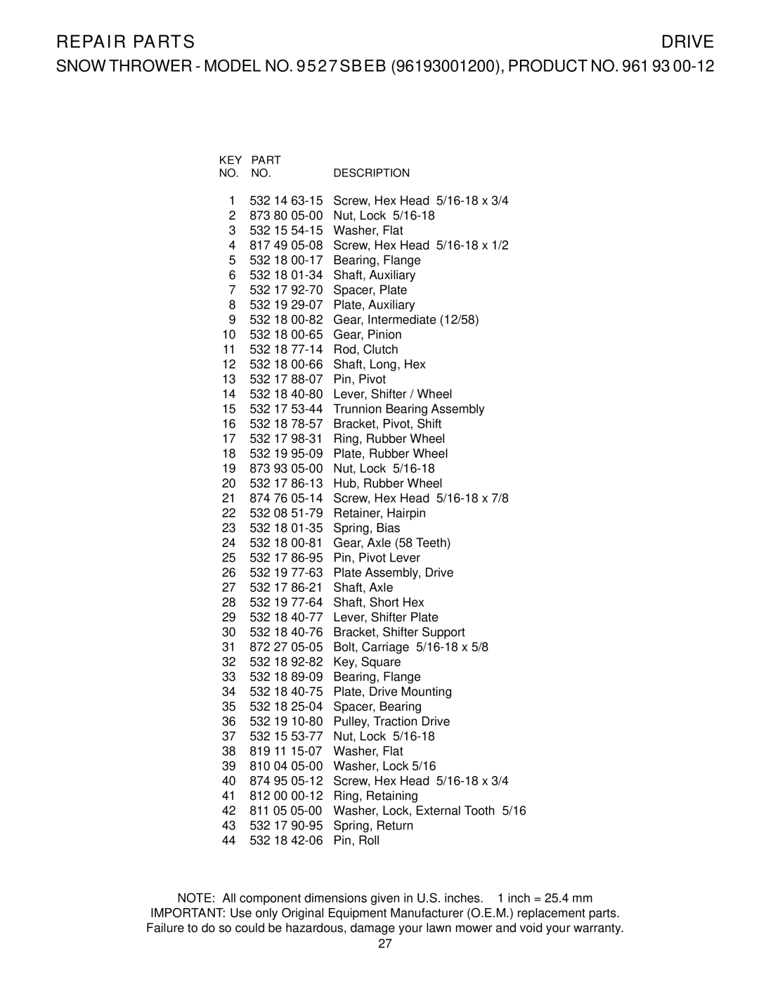 Husqvarna 9527SBEB owner manual Repair Parts 