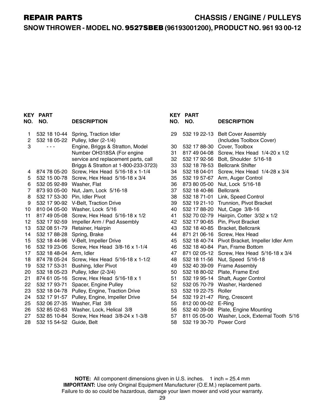 Husqvarna 9527SBEB owner manual KEY Part Description 