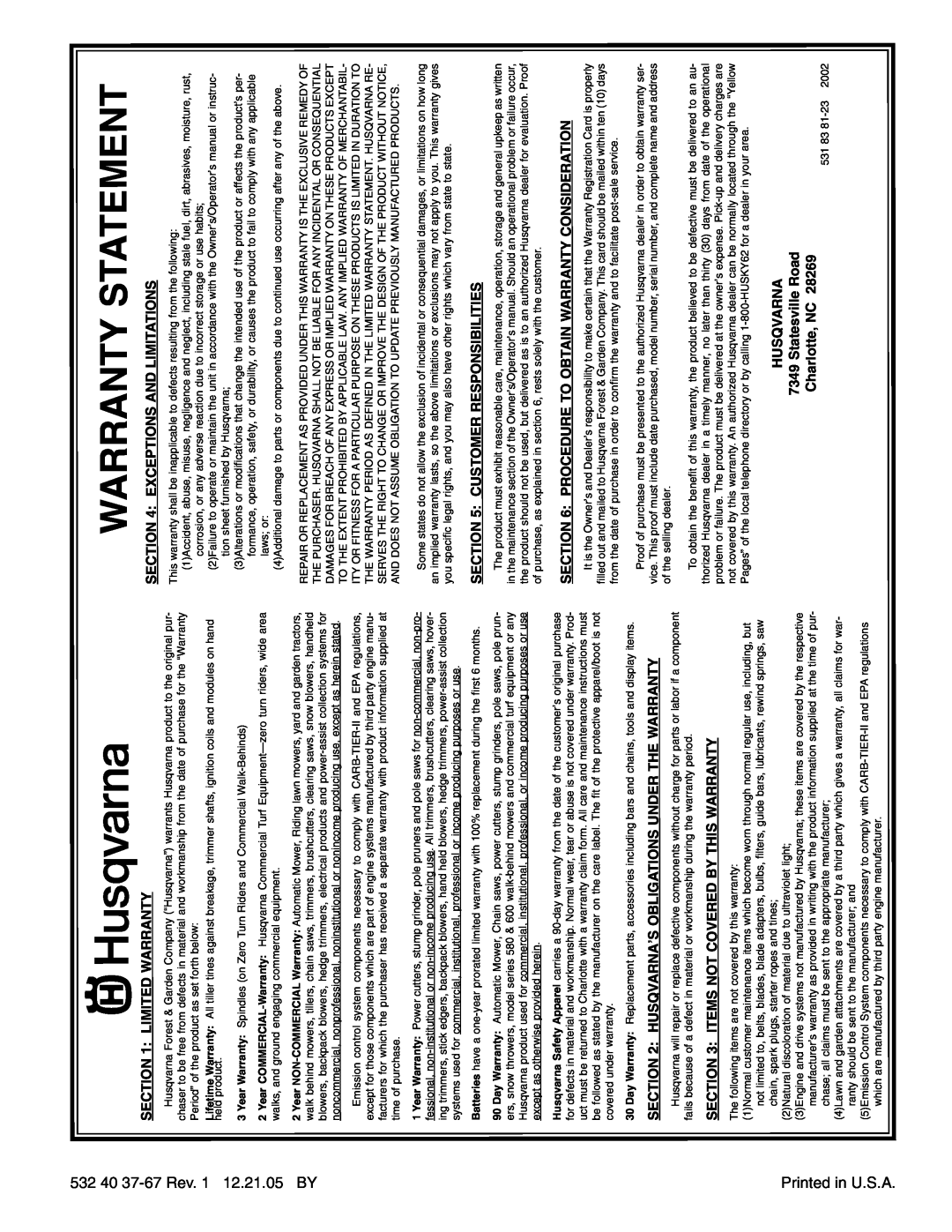 Husqvarna 9527SBEB Statementwarranty, 532 40 37-67 Rev. 1 12.21.05 BY, Printed in U.S.A, 2002 23-81, Anr Avsq Uh 
