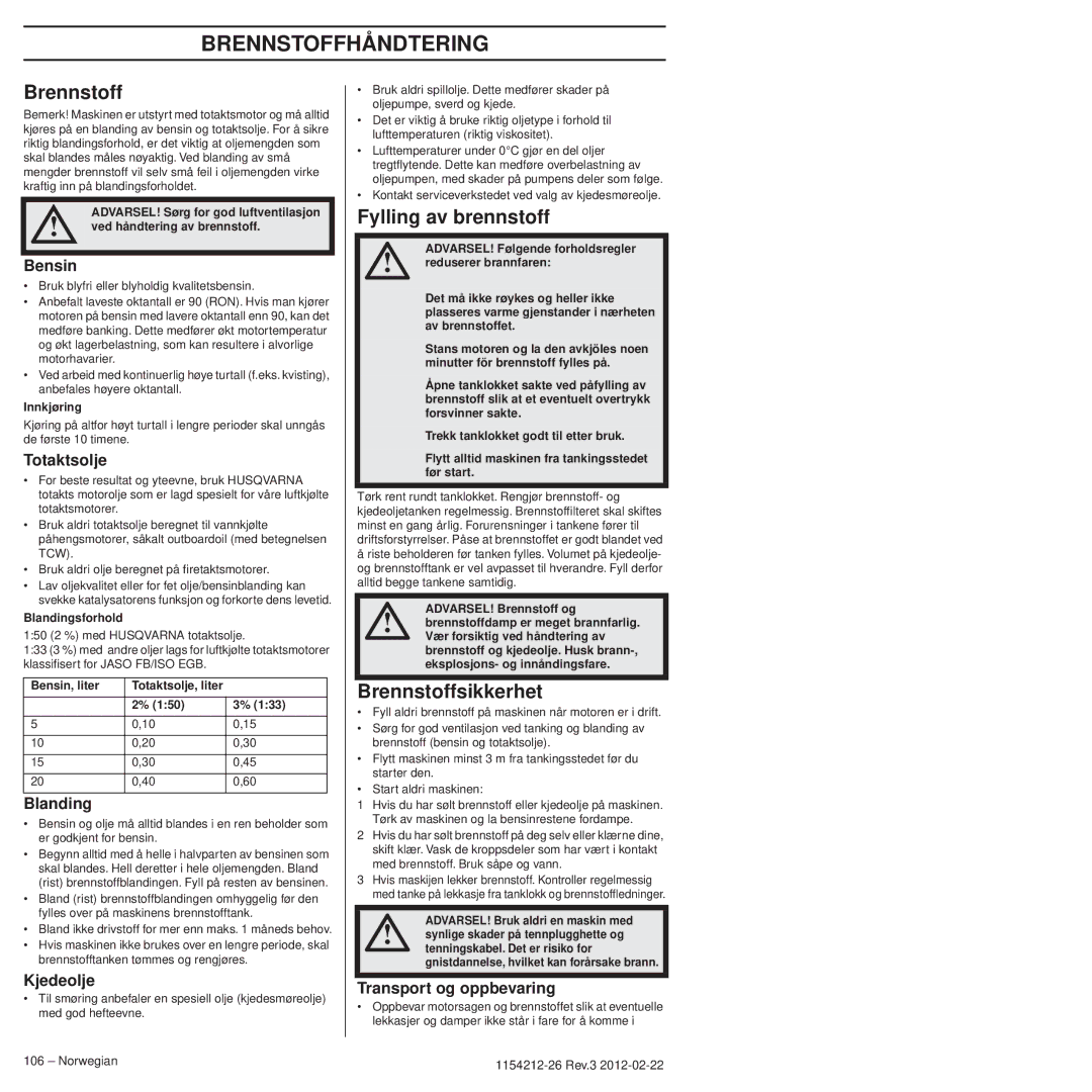Husqvarna 952802154 manuel dutilisation Brennstoffhåndtering, Fylling av brennstoff, Brennstoffsikkerhet 