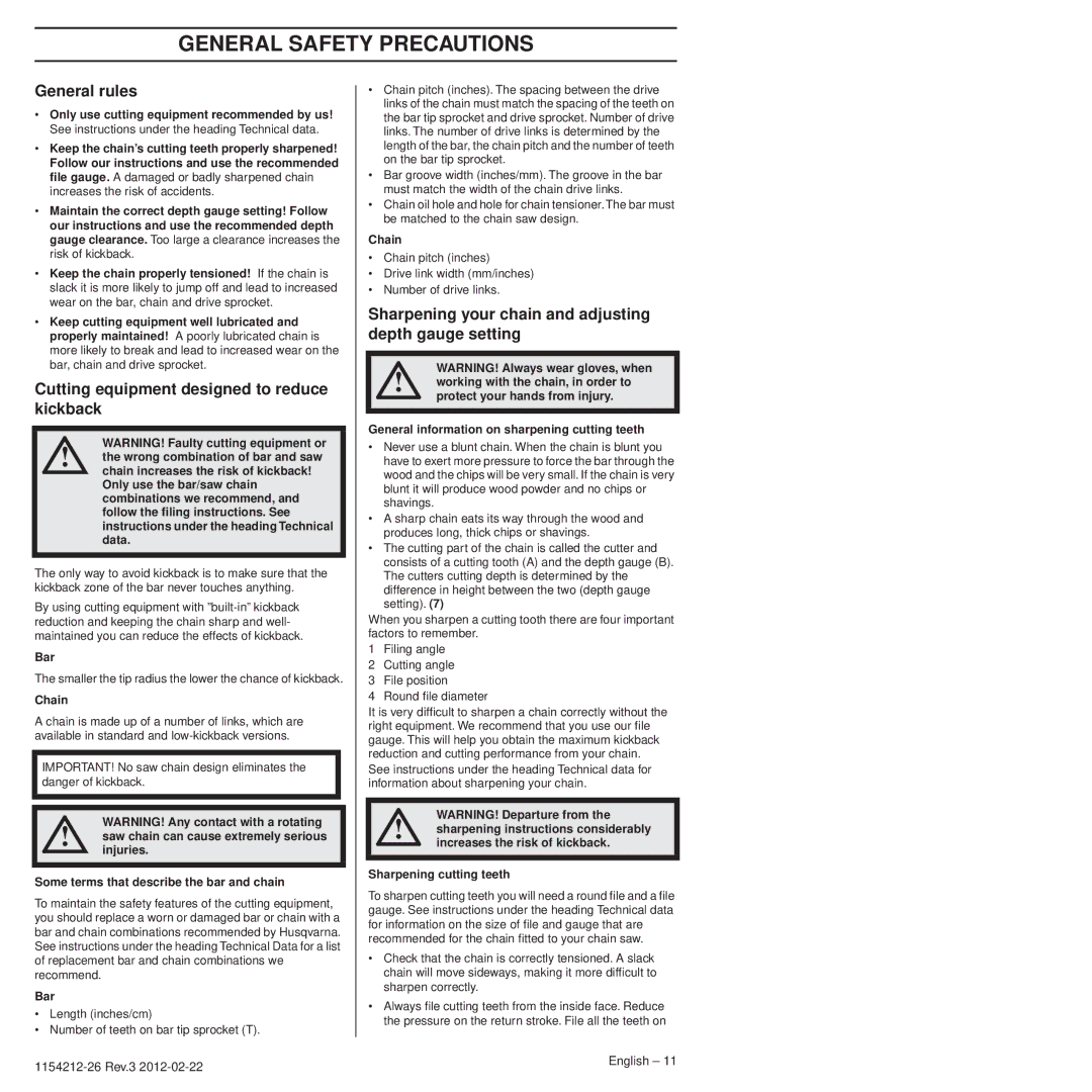 Husqvarna 952802154 manuel dutilisation General rules, Cutting equipment designed to reduce kickback 