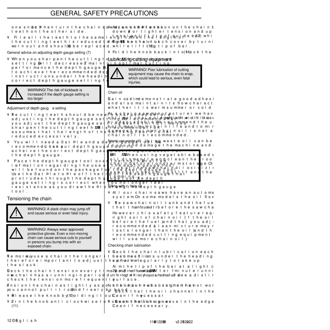 Husqvarna 952802154 manuel dutilisation Tensioning the chain, Lubricating cutting equipment 